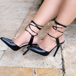 Women's Black Pointy Toe Lace Up High Heels Pumps